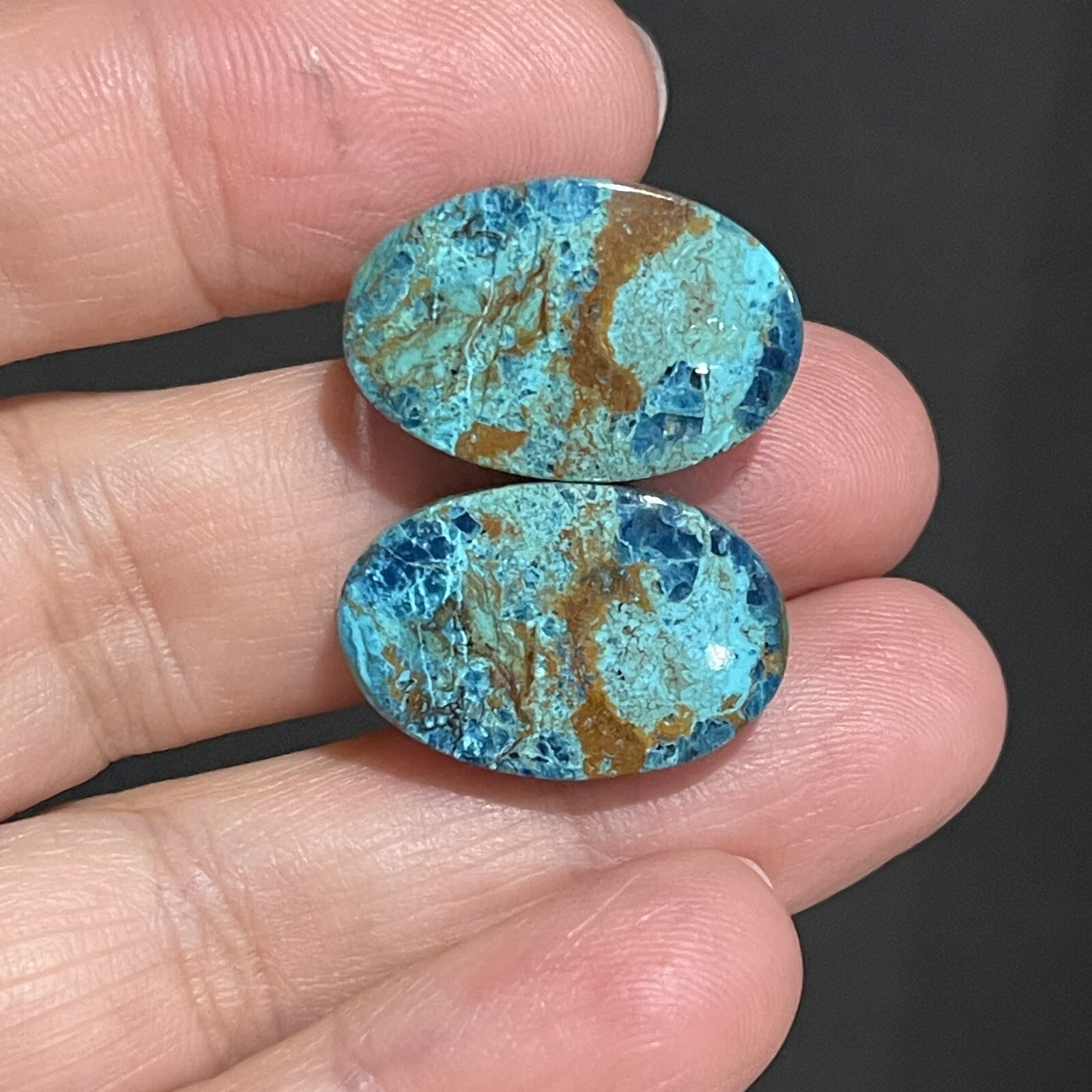 31ct 22×14.5×5.4mm Pair Of Green Blue Shattuckite Oval Cabochons Gems