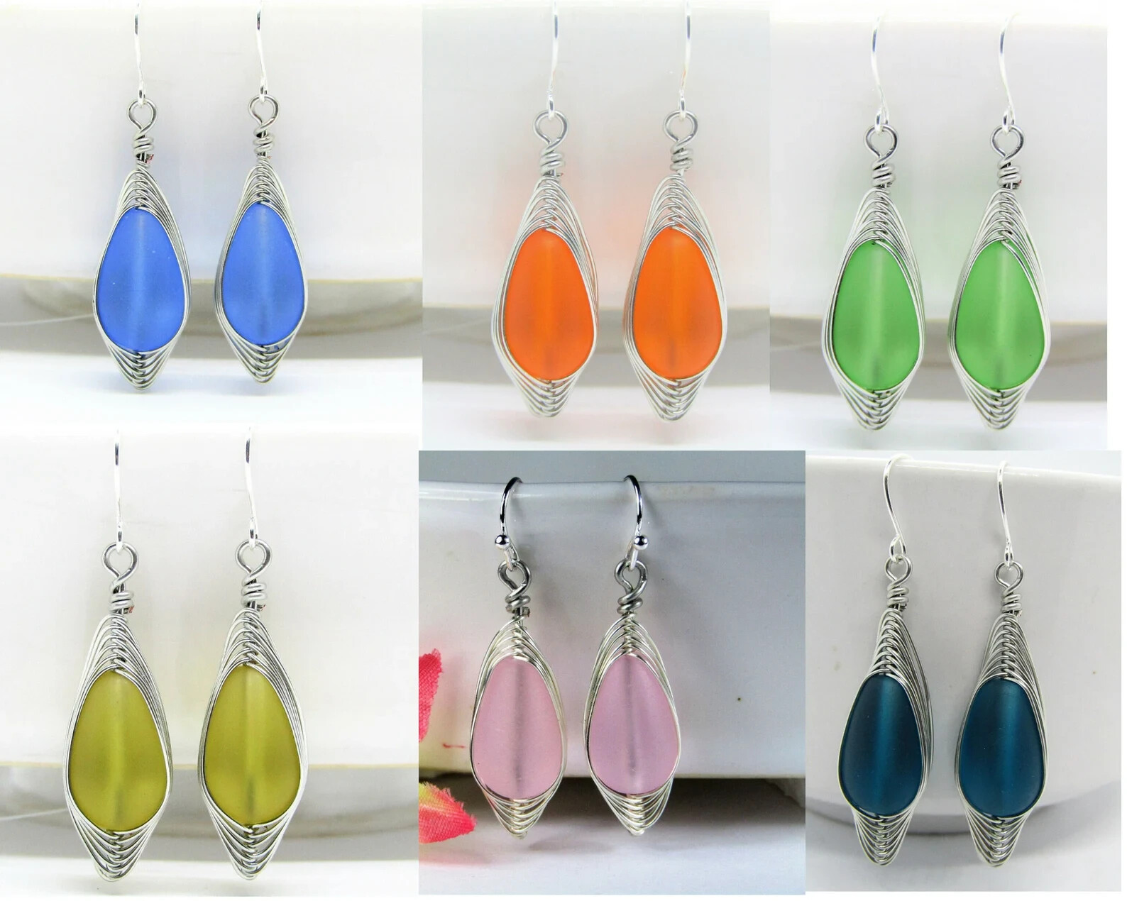 Sterling Silver Teardrop Earrings Frosted Sea Glass Silver Wire Braided Ladies