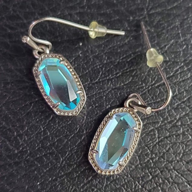 Kendra Scott Lee Silver Drop Earrings Iridescent Blue Dichroic Glass Dangle