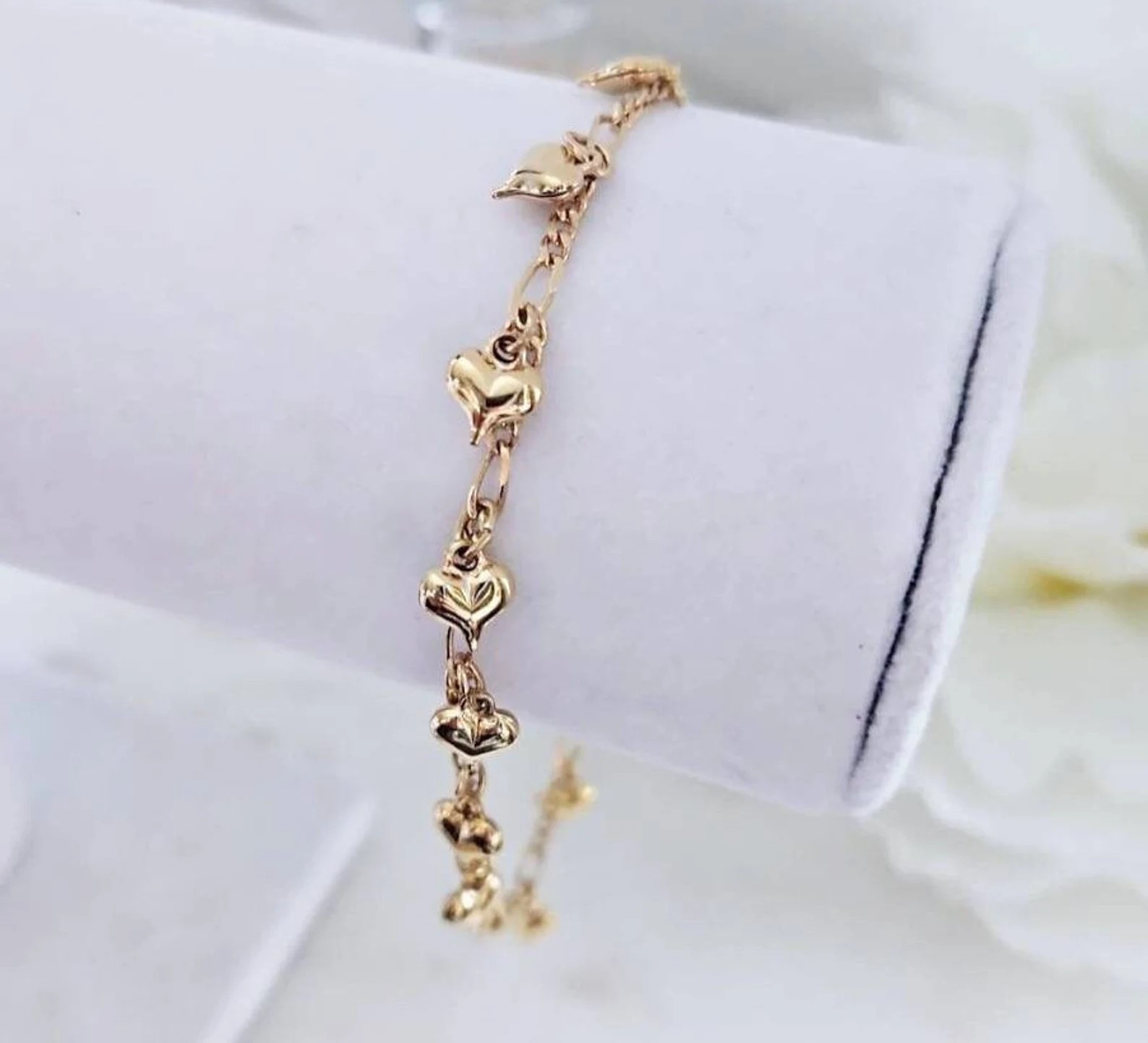 Gold Bracelet, Anklet or Choker, Dangling Hearts, 14k Heavy Plated Gold,