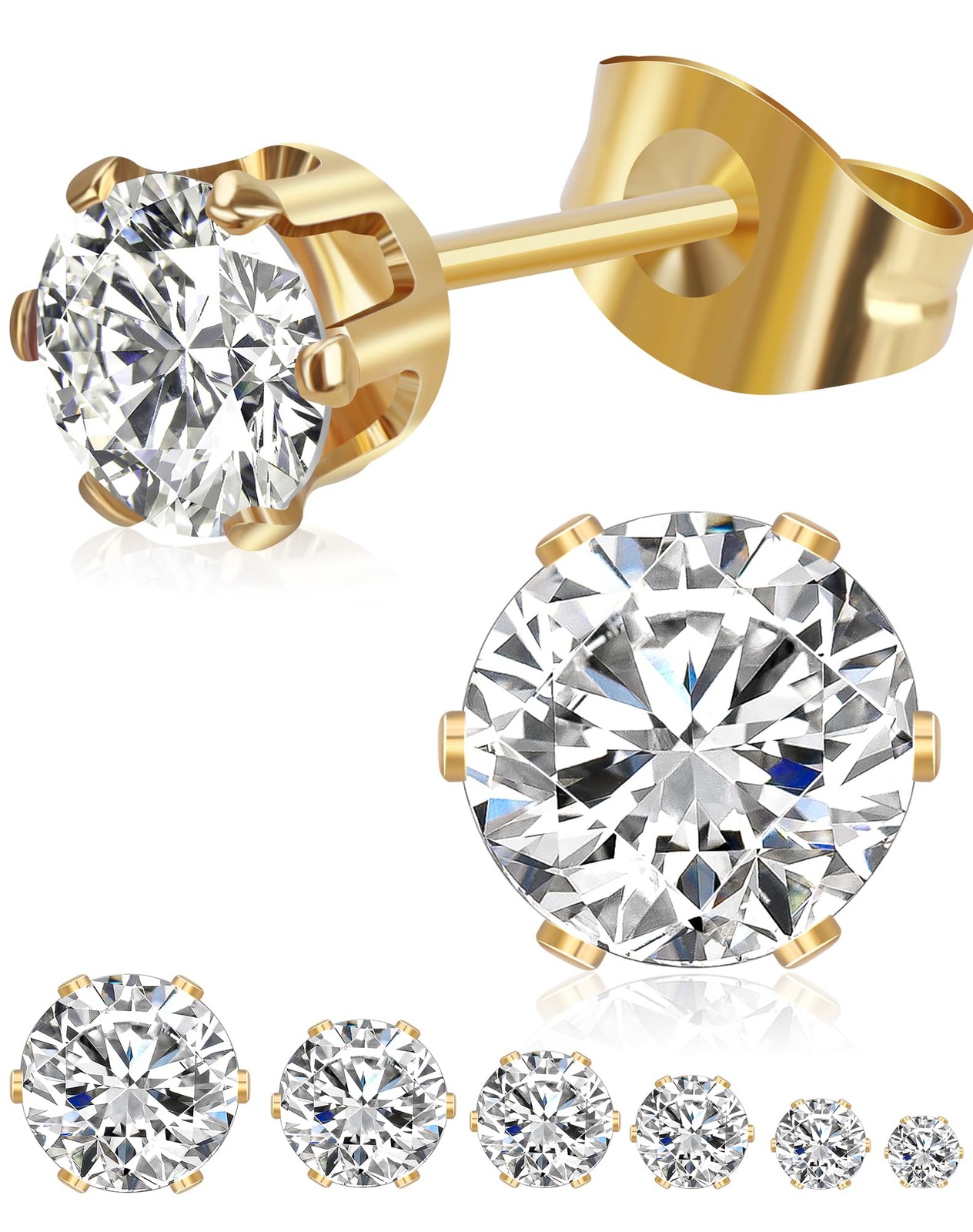 6 Pairs Stud Earrings Set, 3mm, 4mm, 5mm, 6mm, 7mm, 8mm, Gold – 6