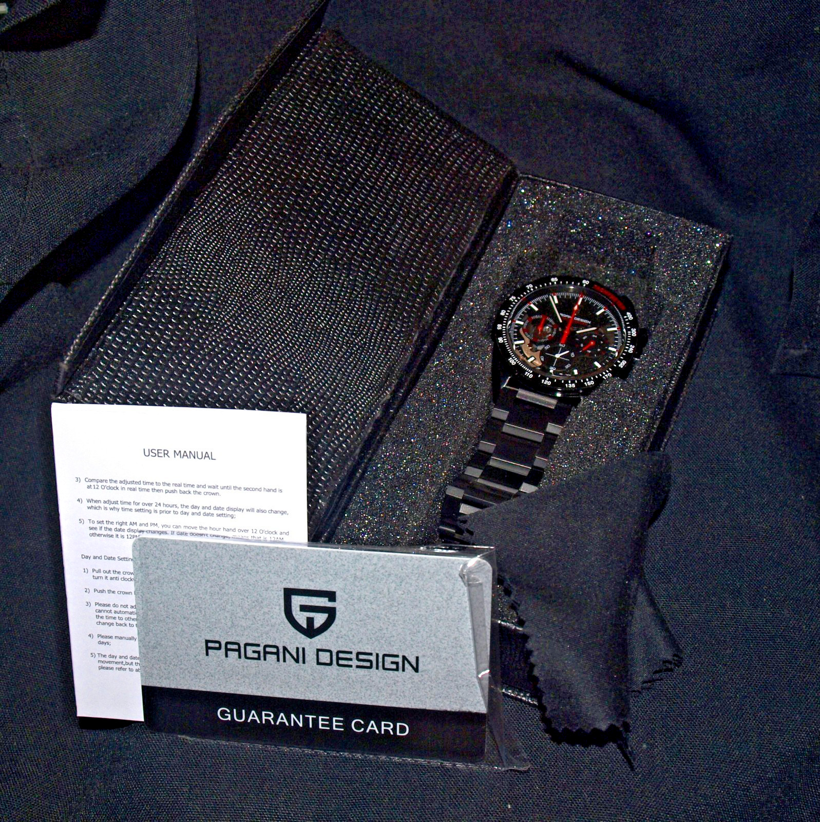 Pagani Design Watch PD-1779 Chronograph Red Black, black stainless band, NEW