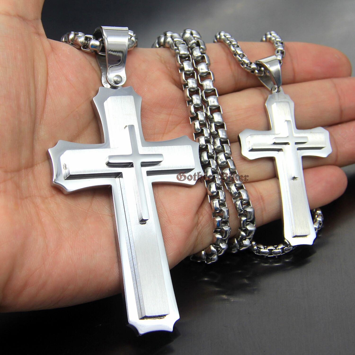 Heavy & Big Mens 3 Layer Stainless Steel Christian Cross Pendant Necklace Silver