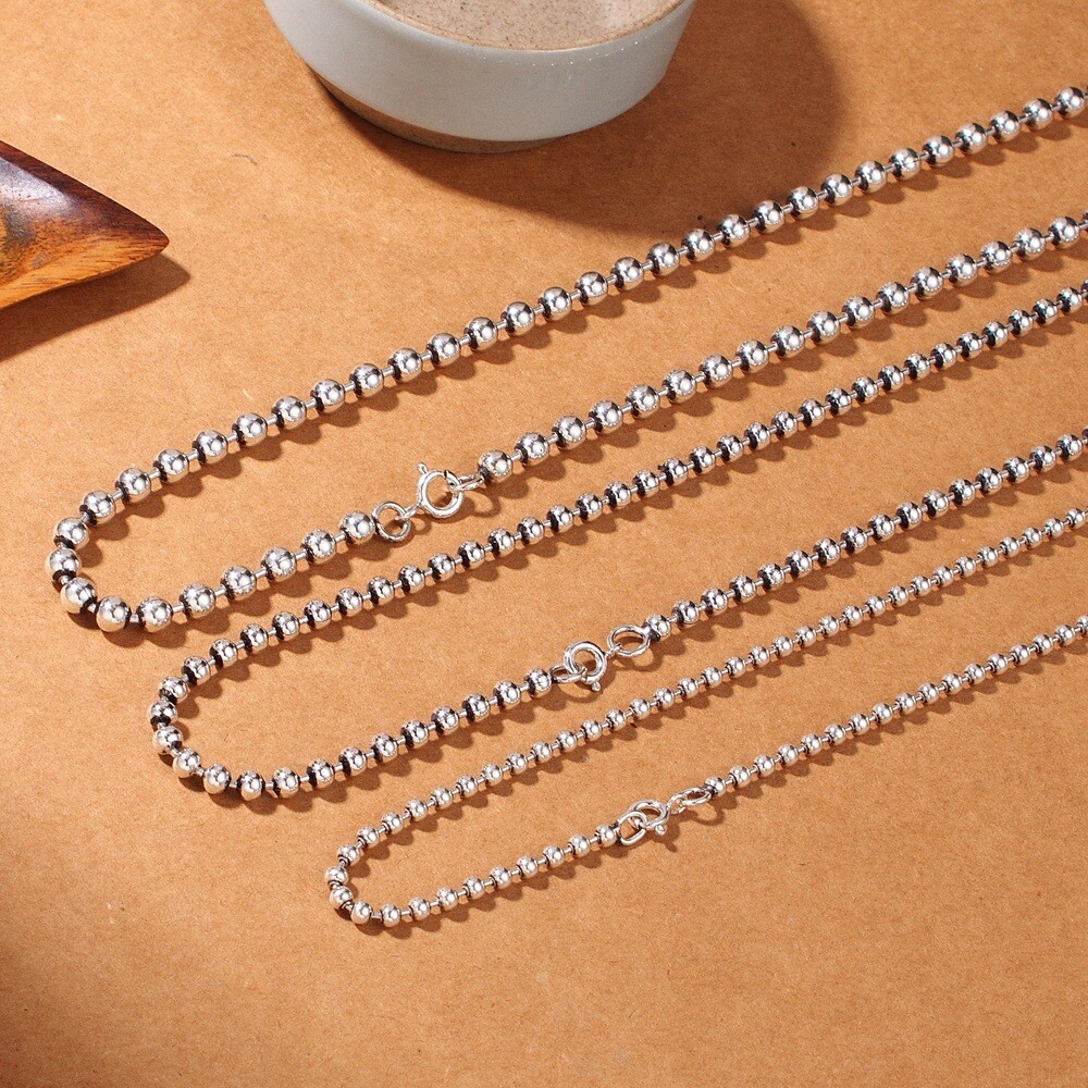 Real 925 Sterling Silver Necklace 2.5mm 3mm 4mm 5mm Bead Link Chain 17.7″-31.5″L