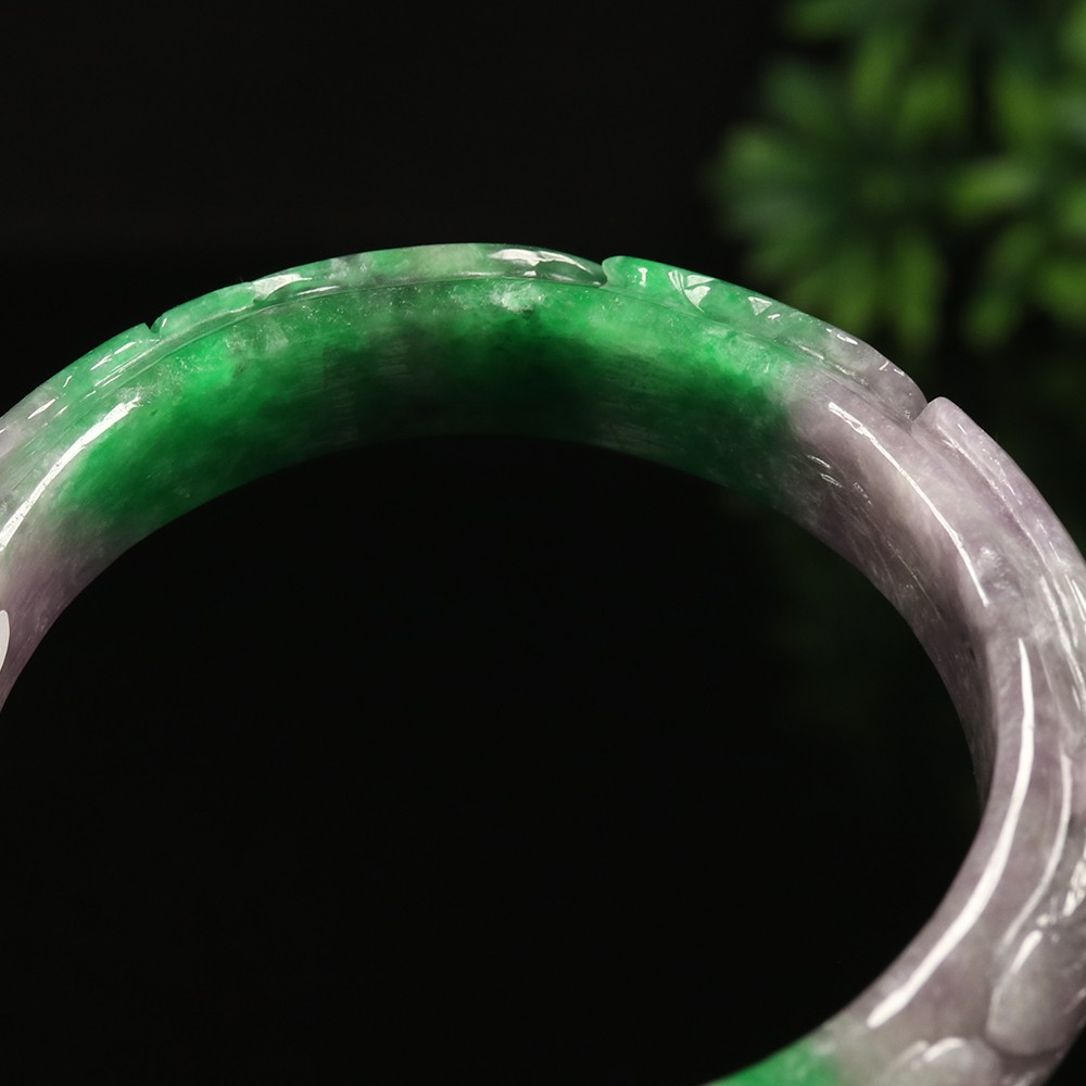 64mm Lavender Purple Green Jadeite Jade Bangle Bracelet Bat Ruyi Fish A-14801
