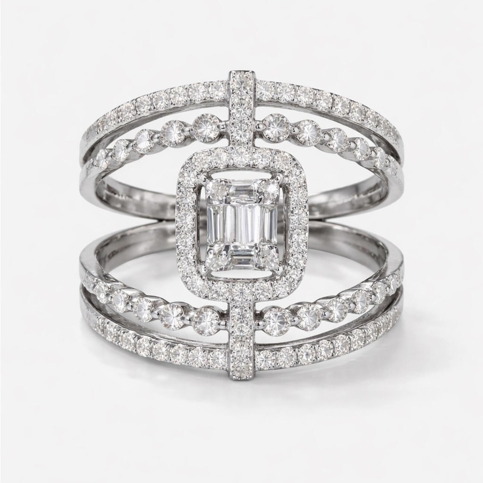 18K White Gold Baguette and Round Diamond Wide Three Row Ring Sz 6