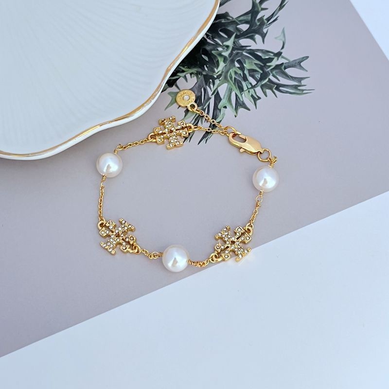 New Tory Miller Pave Logo Cultured Pearls Bracelet Yellow Gold with Pouch 20cm