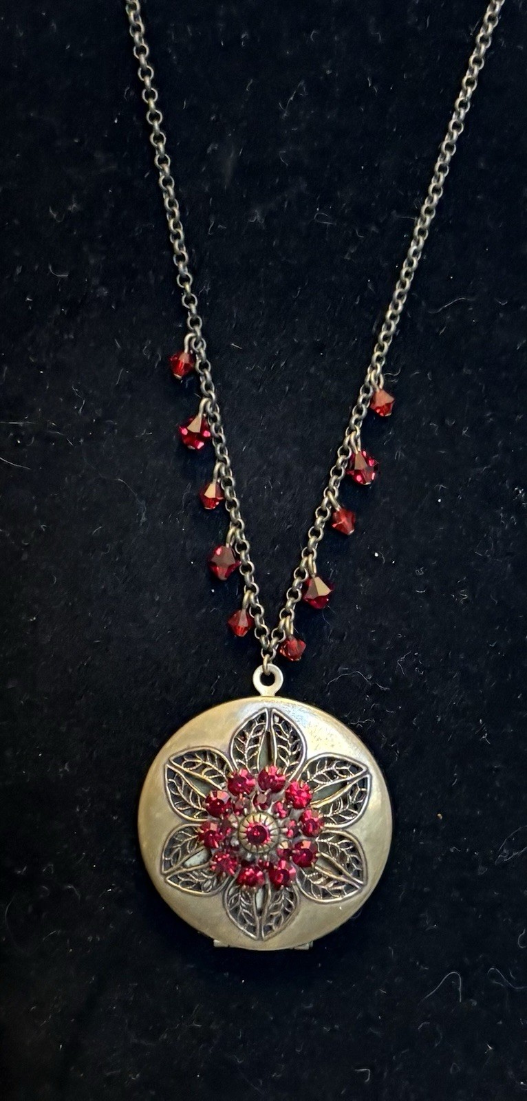 Liz Palacios SF Perfume Locket Necklace Brass Red Jeweled Filigree Scent Pendant