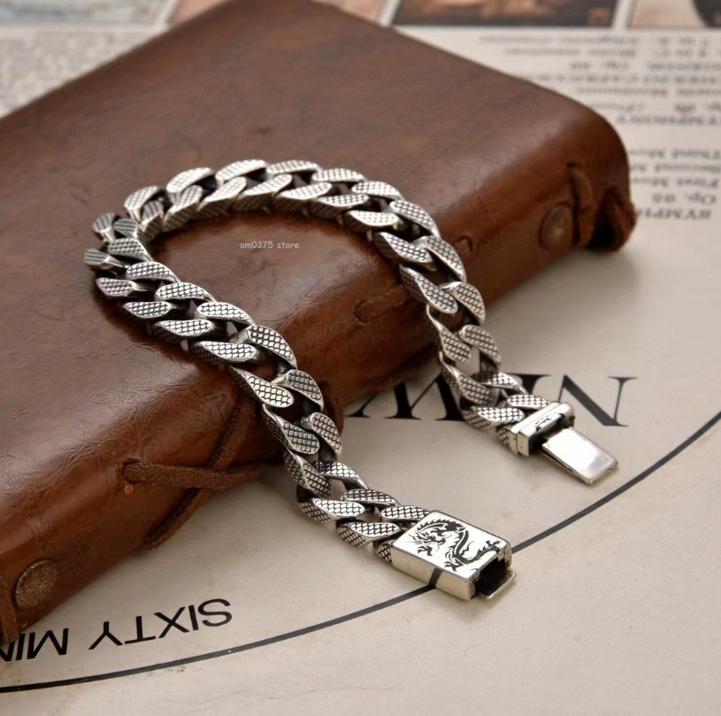 Real Sterling Silver 925 Metal Purity Bracelet Dragon Scale Curb Link 7.5/8inchL