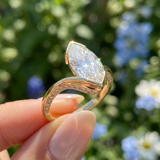 2.5 CTW Marquise Cut Moissanite Bypass Engagement Ring In 14k Yellow Gold Plated