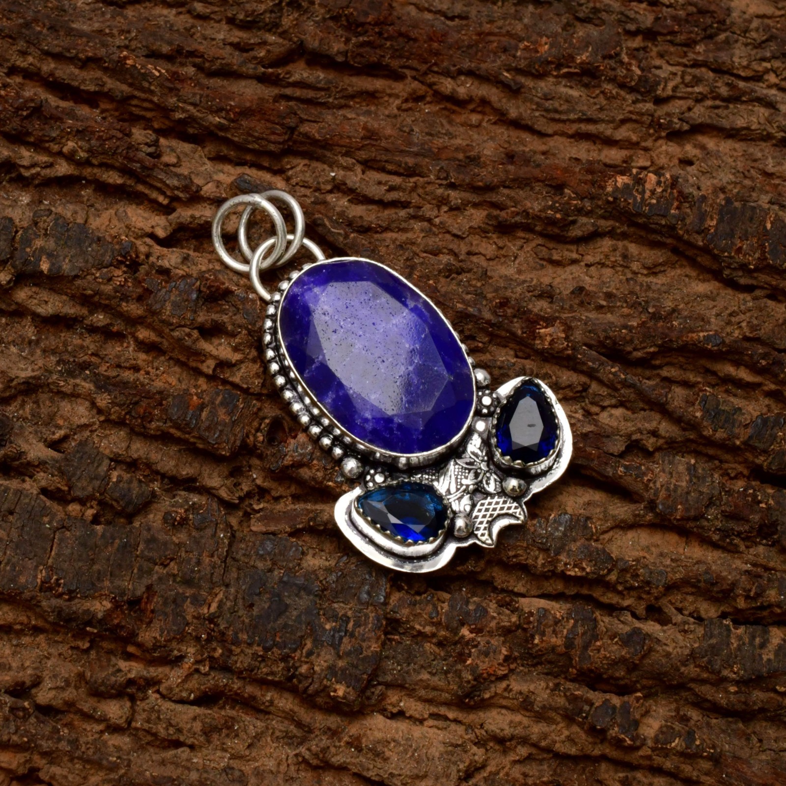Blue Sapphire Lab Created Gemstone 925 Sterling Silver Jewelry Pendant 1-2″