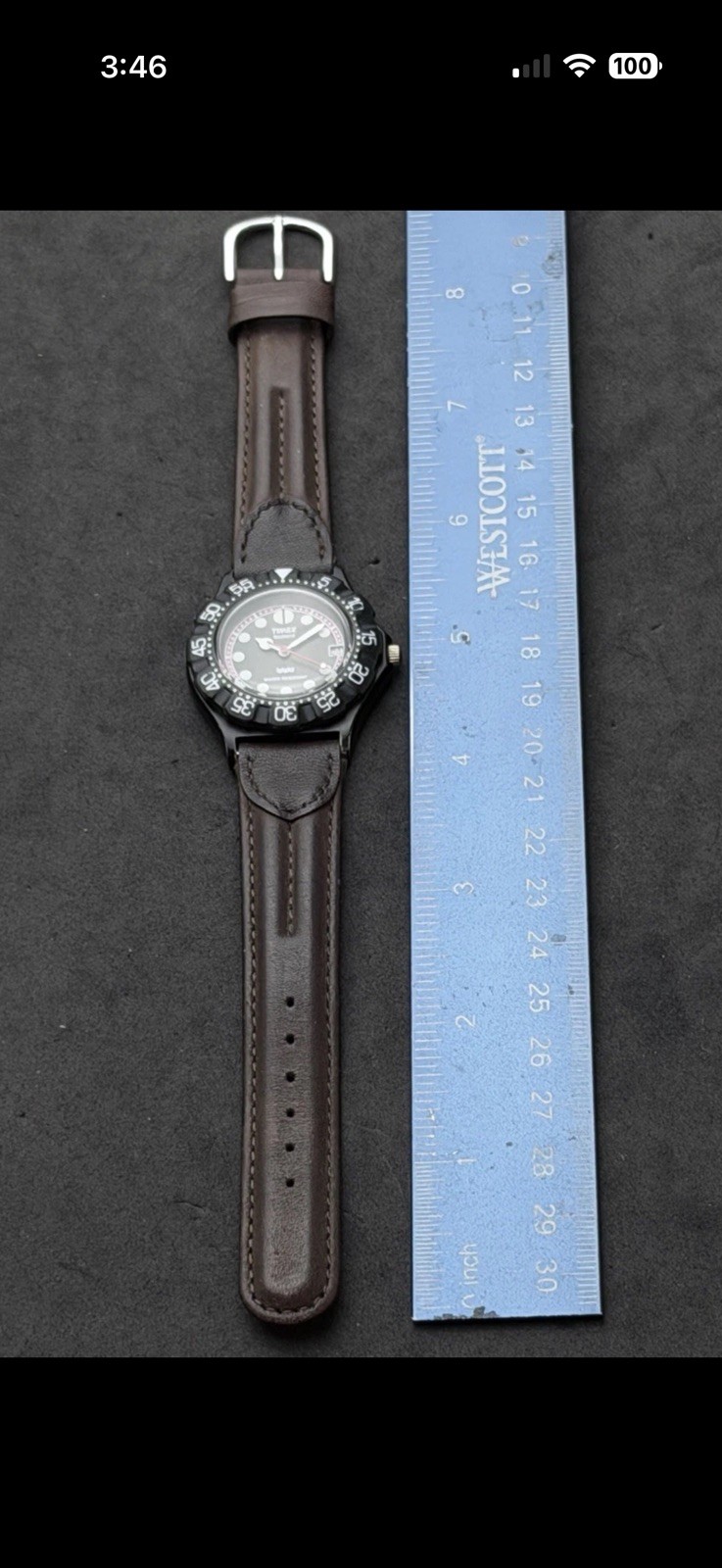 Vtg 1990 TIMEX Diver Men’s 36mm Quartz Watch Date Black Case Dial Brown Leather