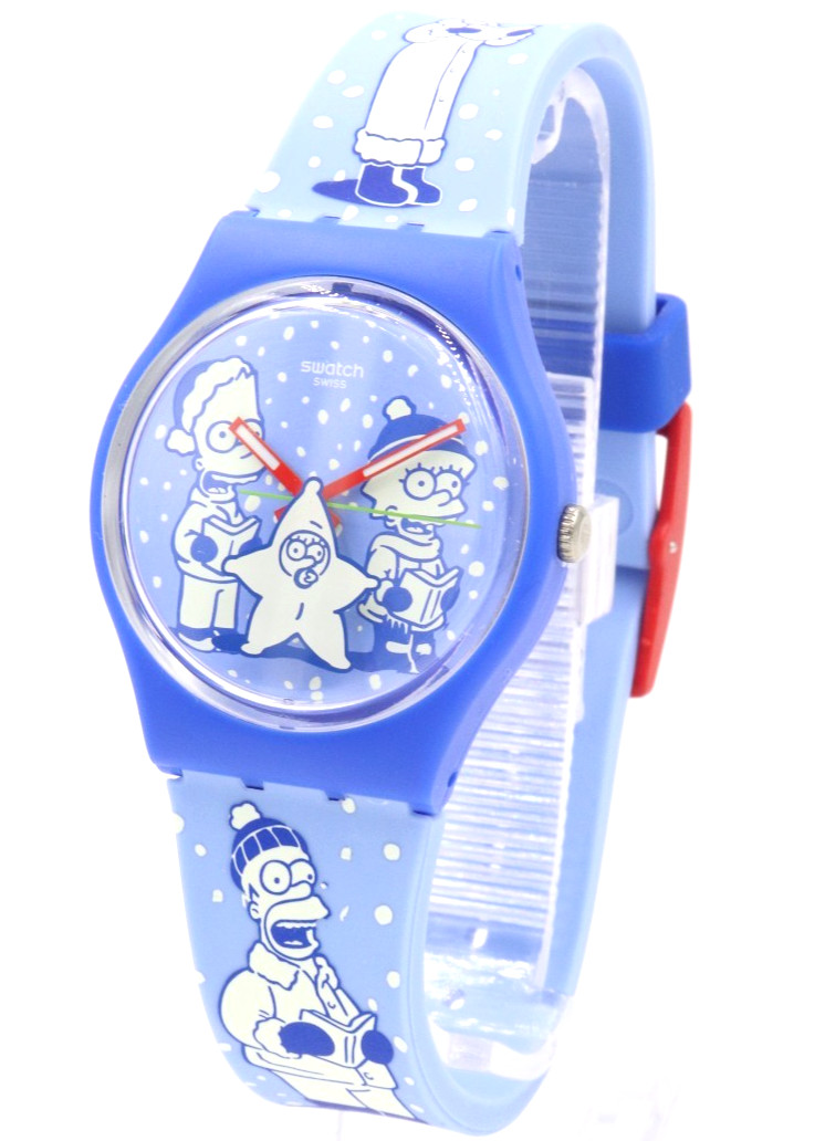New Swiss Swatch The Simpsons TIDINGS OF JOY Blue Silicone Watch 34mm SO28Z126