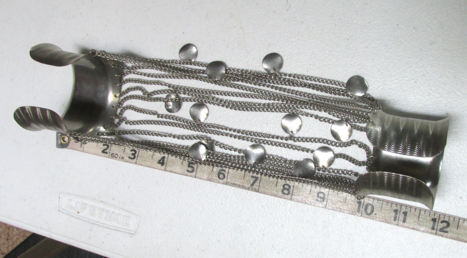 Vintage Belly Dance Metal Silver Tone Arm to Wrist Chain Attached Cuff Bracelets