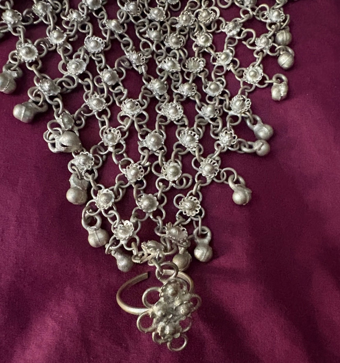 Afghan Kuchi Silver Toned Bracelet Waterfall Design with Connected Finger Ring