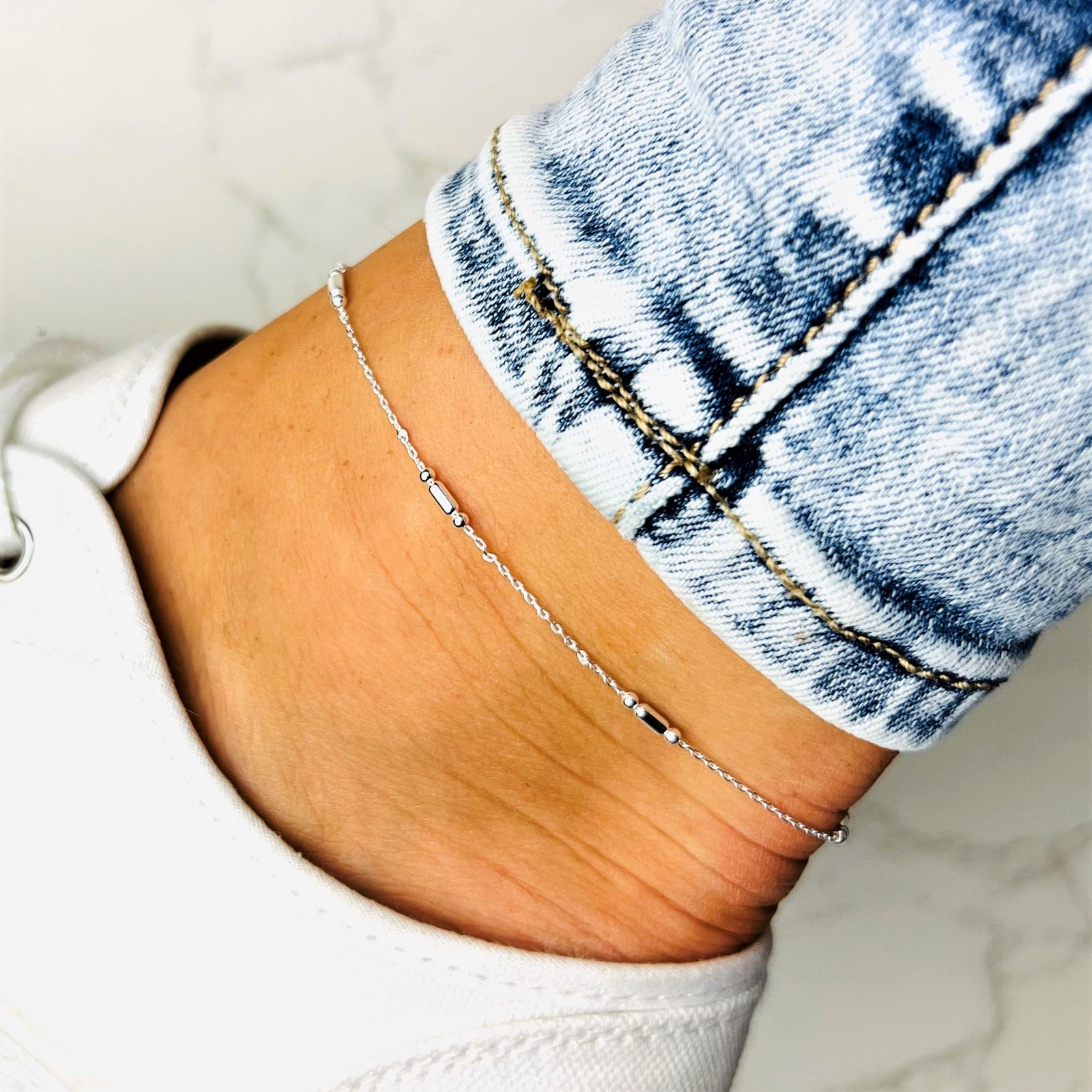 925 Sterling Silver Anti-Tarnish Coated Triple Beads Plain Anklet Bracelet with