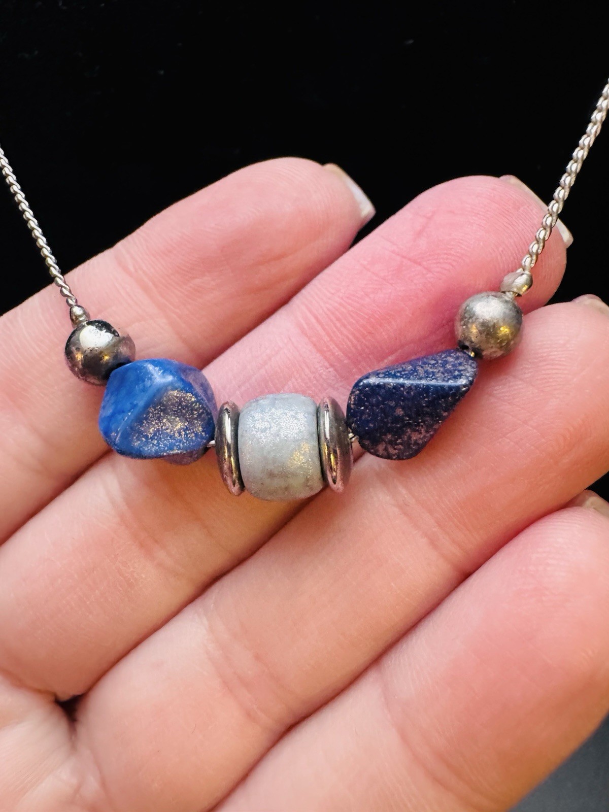 Long Silver Tone Necklace with Blue Stone Beads – Station Style – 26”