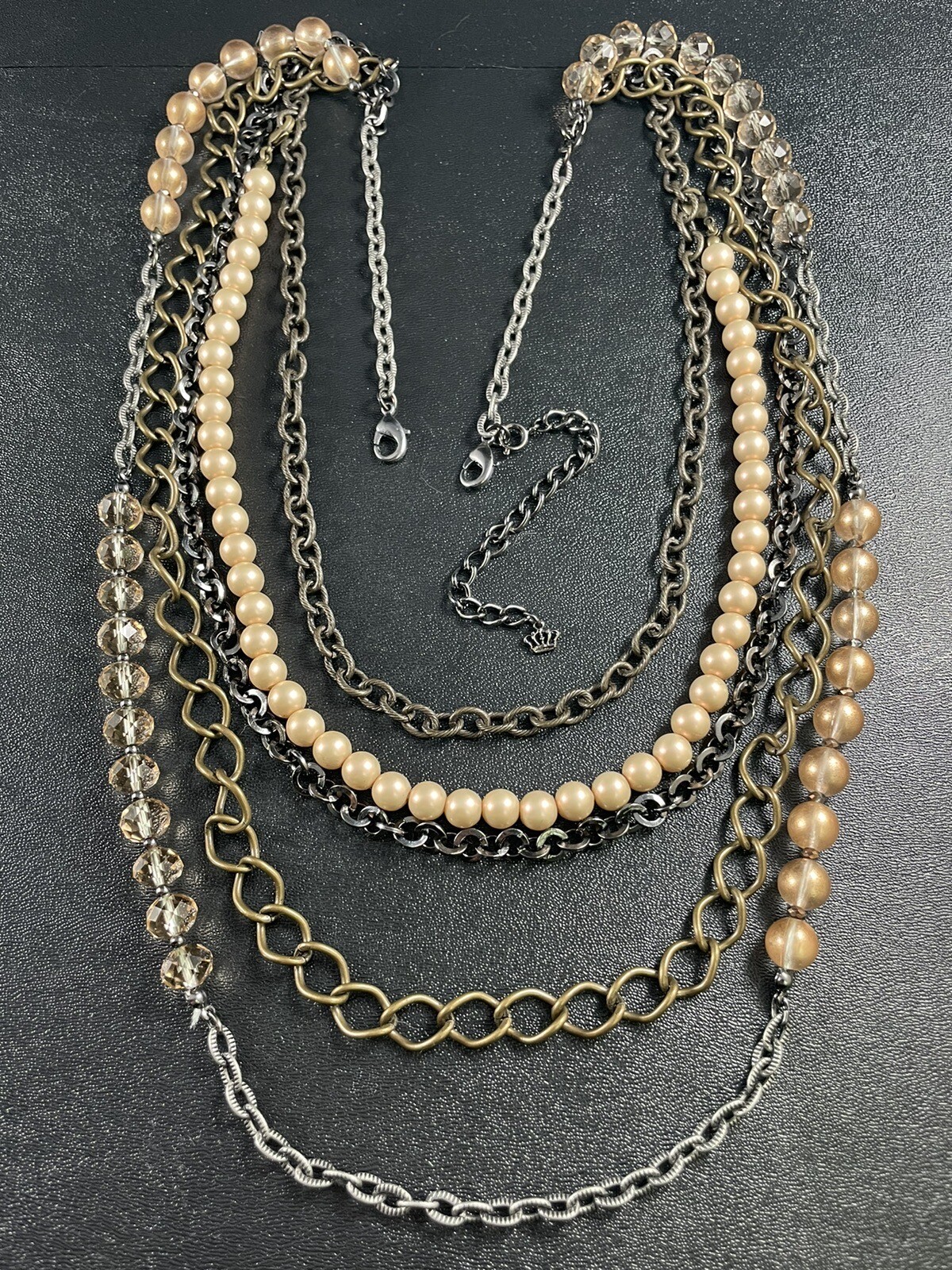 Vintage Large Layered Necklace 28-36” Smokey Glass Beads Cinnamon Faux Pearls