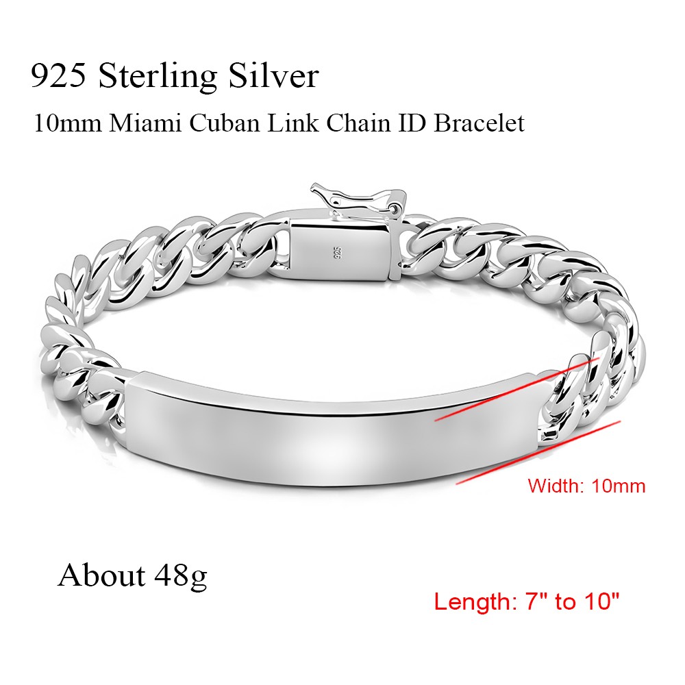 Solid 925 Sterling Silver Mens Miami Cuban Link Chain Bar Bracelet 10mm ALL SIZE