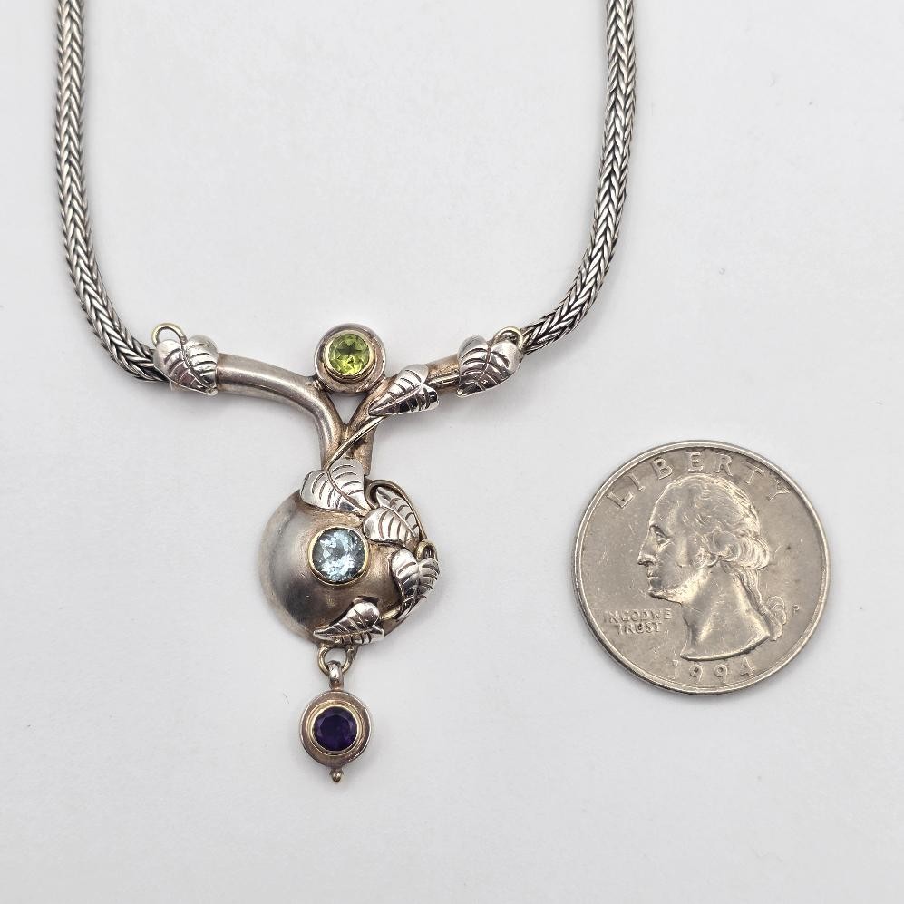 925 Sterling Silver & Gold Accent Multi-Gemstone Leaf & Vine Toggle Necklace