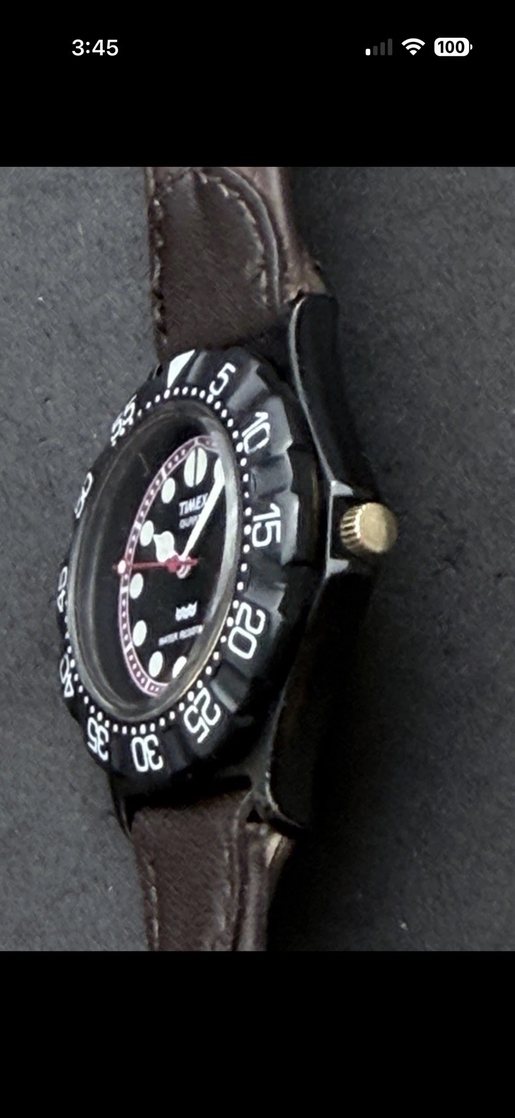 Vtg 1990 TIMEX Diver Men’s 36mm Quartz Watch Date Black Case Dial Brown Leather