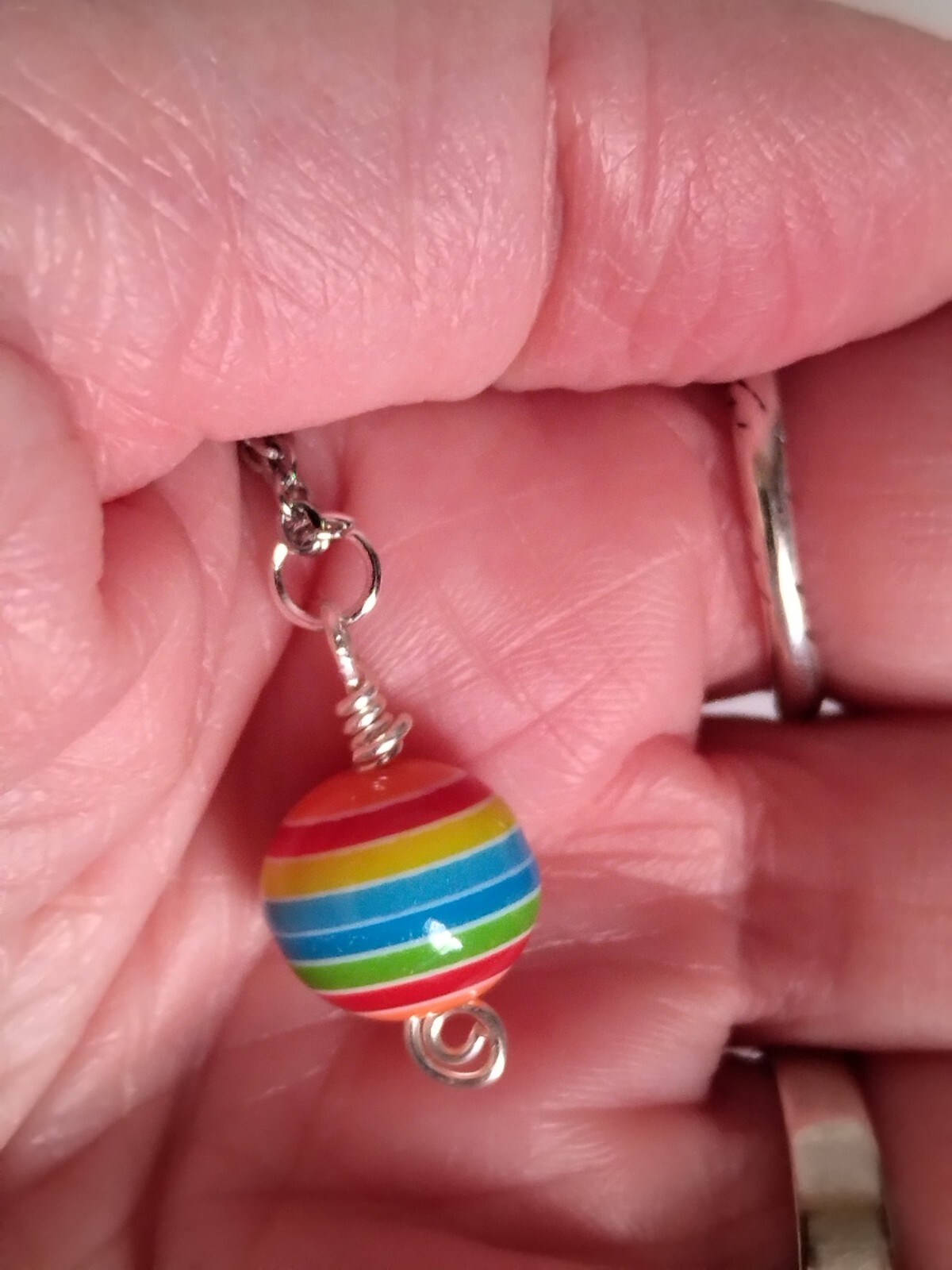 Rainbow Stripe Resin Bead Pendant Necklace Handmade Stainless Steel Chain