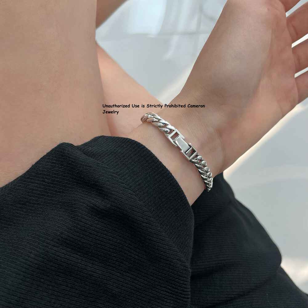 Pure S925 Sterling Silver Chain 6mm Cuban Curb Link Bracelet 6.7-8.3inch