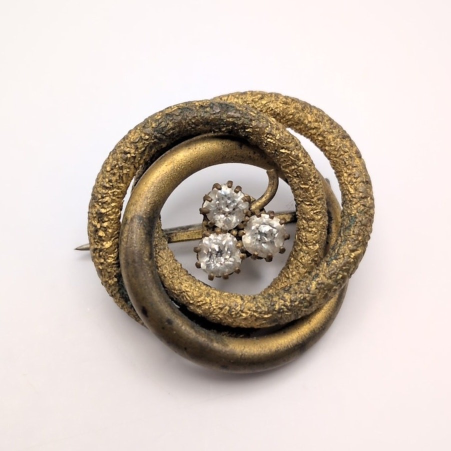 VTG Antique Love Knot Paste Rhinestone Tube Hinge C-Clasp Gold Tone Brooch Pin