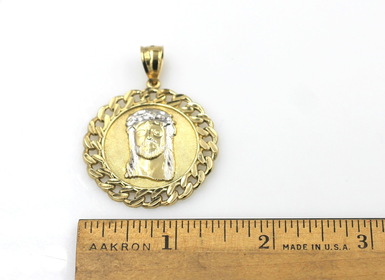 10K Gold Textured Round Jesus Head Medallion Cuban Link Border Pendant 48mm 6.3g