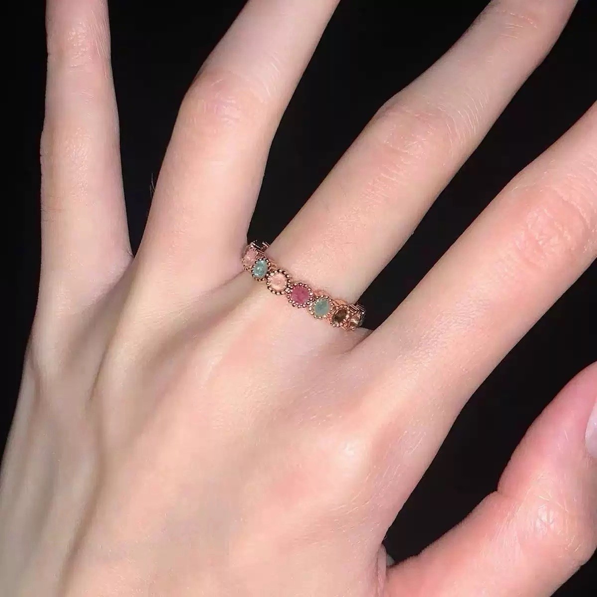 Adjustable Open Ring Rose Gold Plated Multicolor Crystal Band Ring Stackable 001