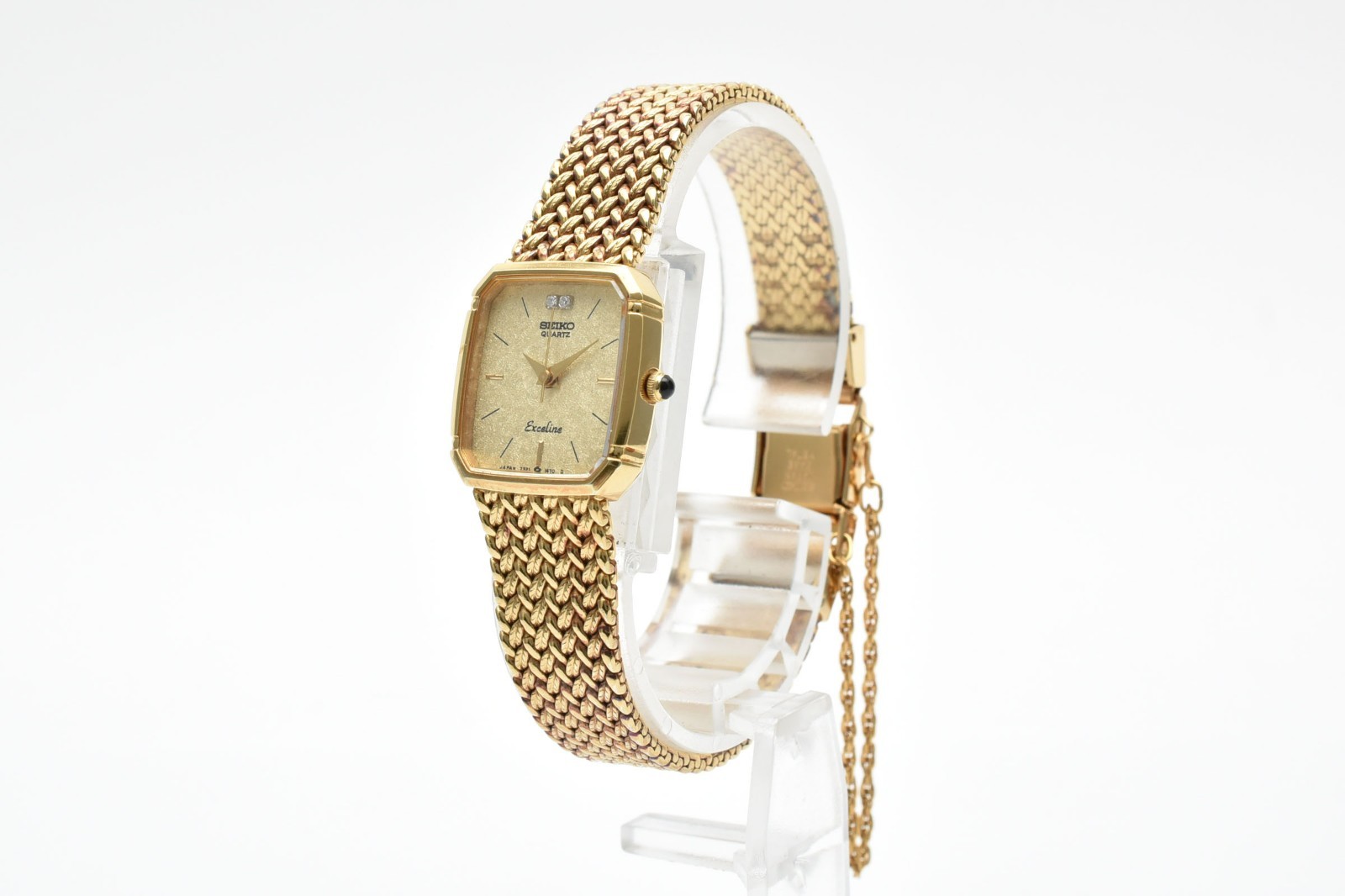 SEIKO Exceline 7321-5910 2P Diamond Gold 18mm Quartz Ladies Vintage Watch JAPAN