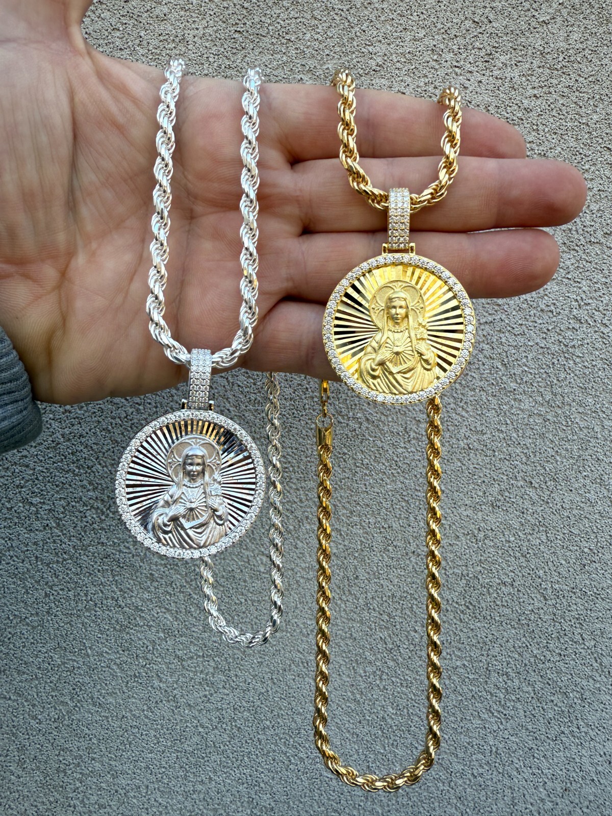 MOISSANITE Virgin Mary Round Medallion Pendant Real 925 Silver / Gold Necklace