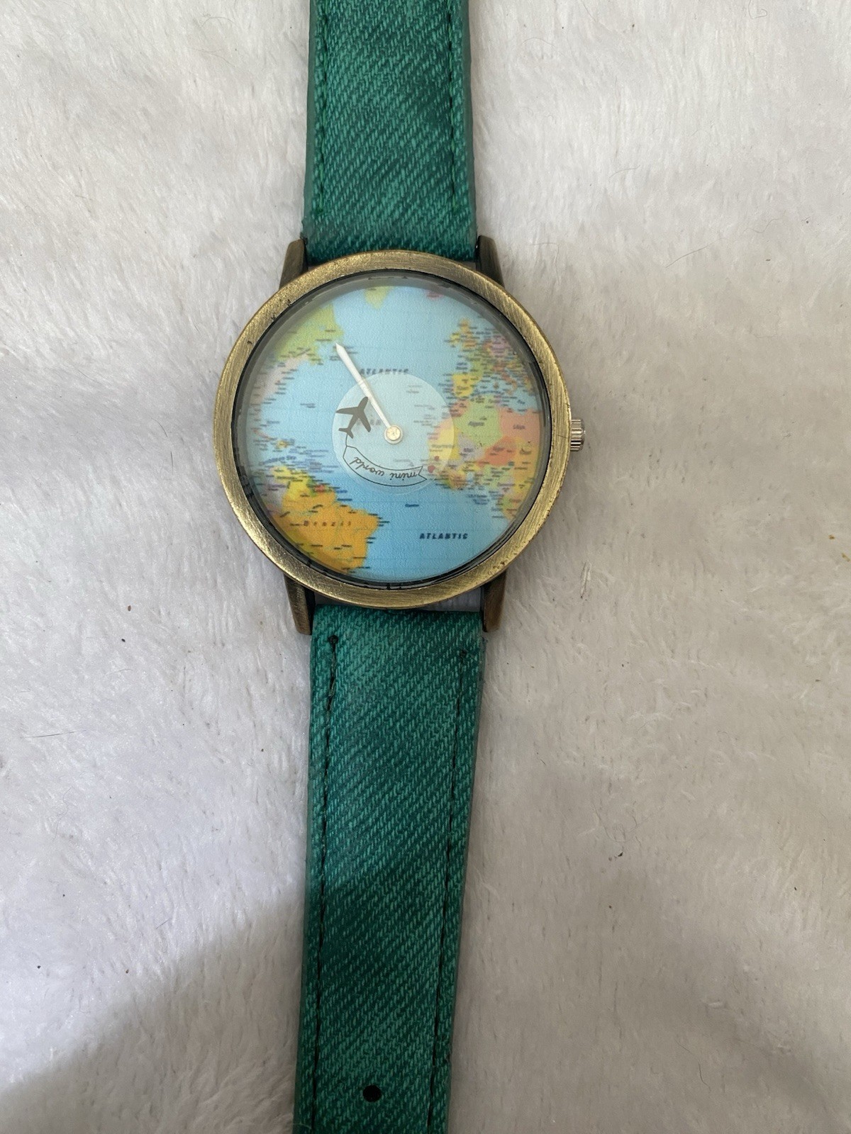 Novelty World Map Airplane Second Hand Watch BronzeToneTravelThemeNewBattery