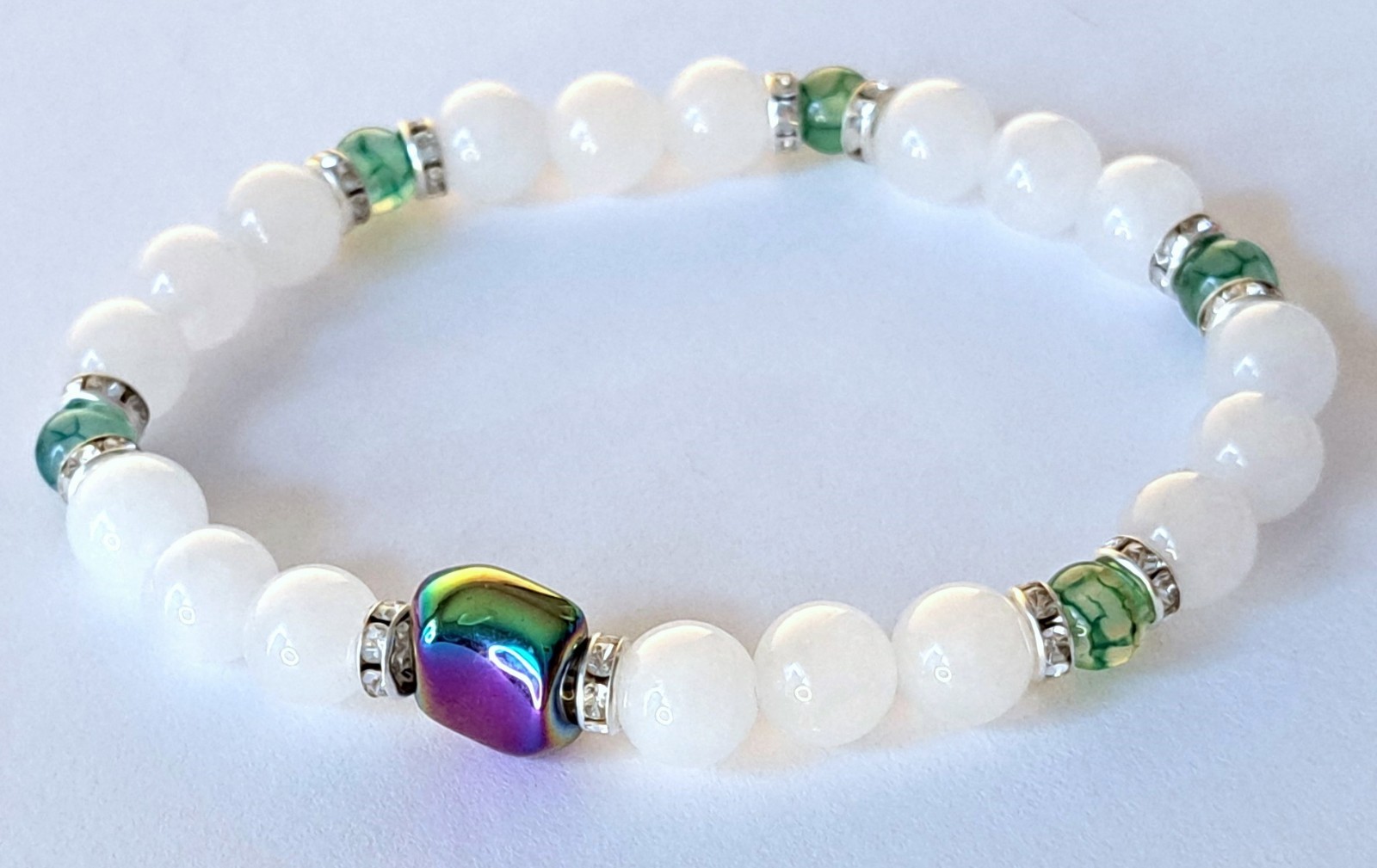 Handmade White Jade & Dragon Agate Bracelet, 18.25 cm / 7.2 in Stretch Fit