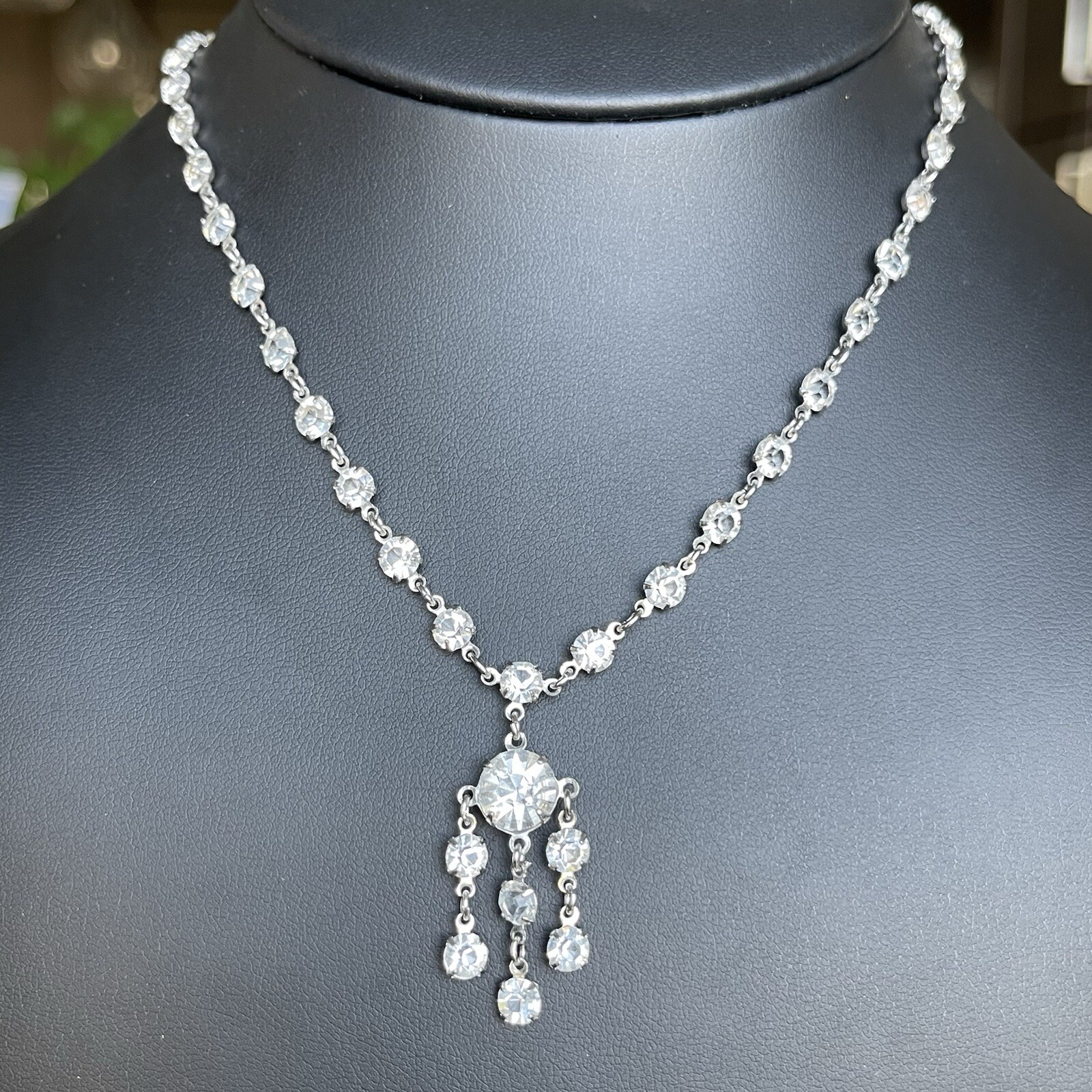 Vintage Round Open Back Glass Crystal Necklace Bezel Set Drop Dangles 15” Length