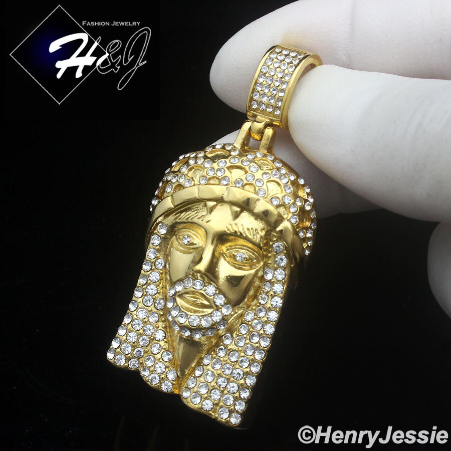 18″-40″MEN Stainless Steel 5mm Gold Plated Cuban Chain CZ Jesus Face Pendant*150