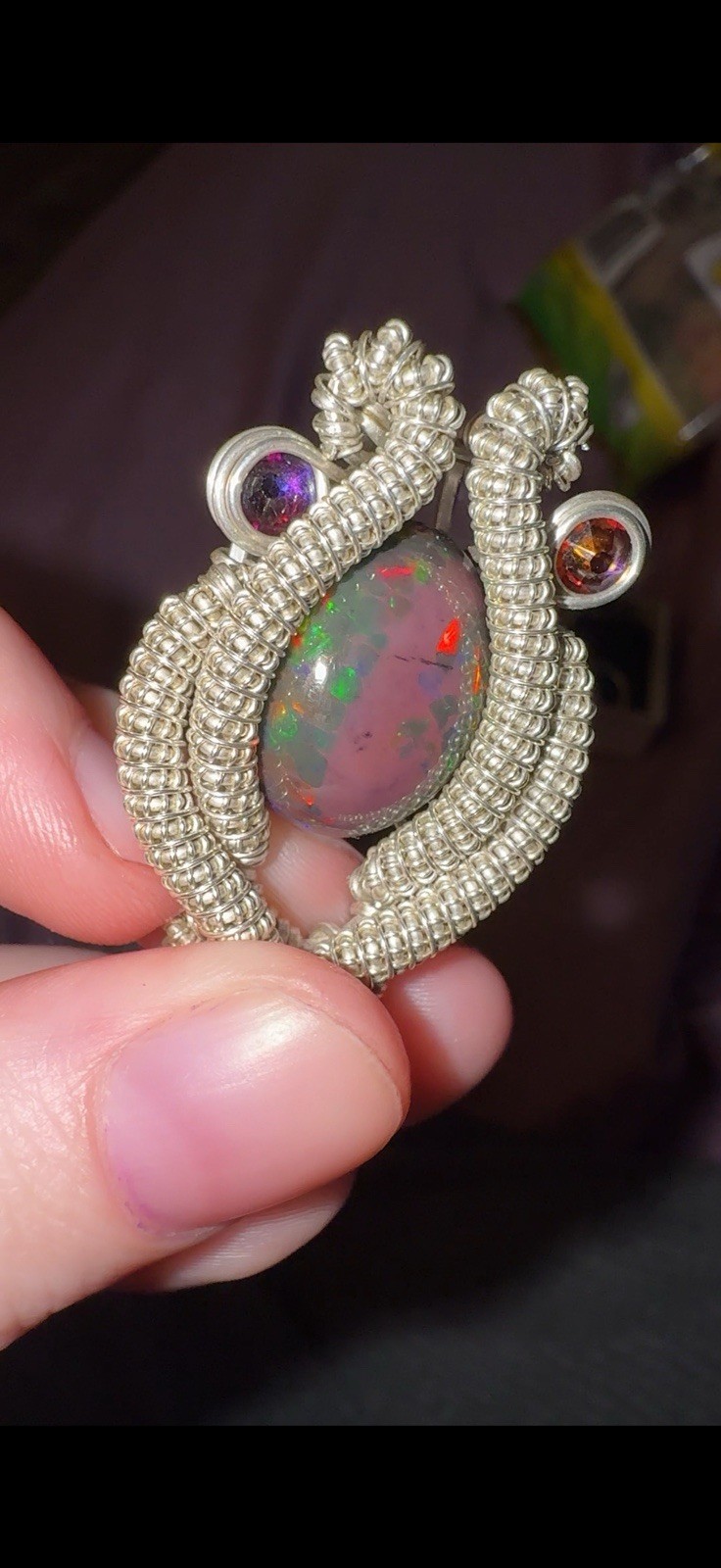 Wirewrapped smoked honeycomb Multicolor Opal & gem pendant
