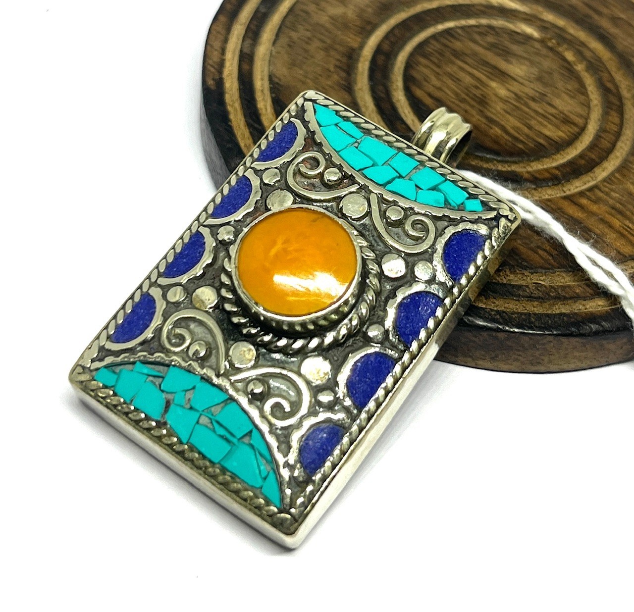 Turquoise Lapis Amber Gemstone Tibetan Statement Pendant Jewelry, 2.0 inch
