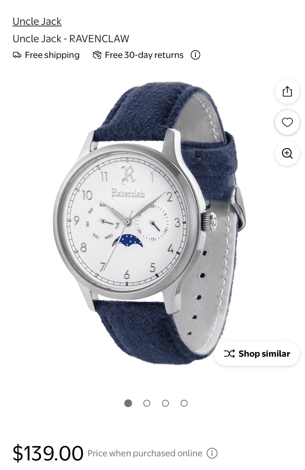 Uncle Jack Ravenclaw Moon Phase Quartz Watch 40mm Silver/Blue Leather 3ATM