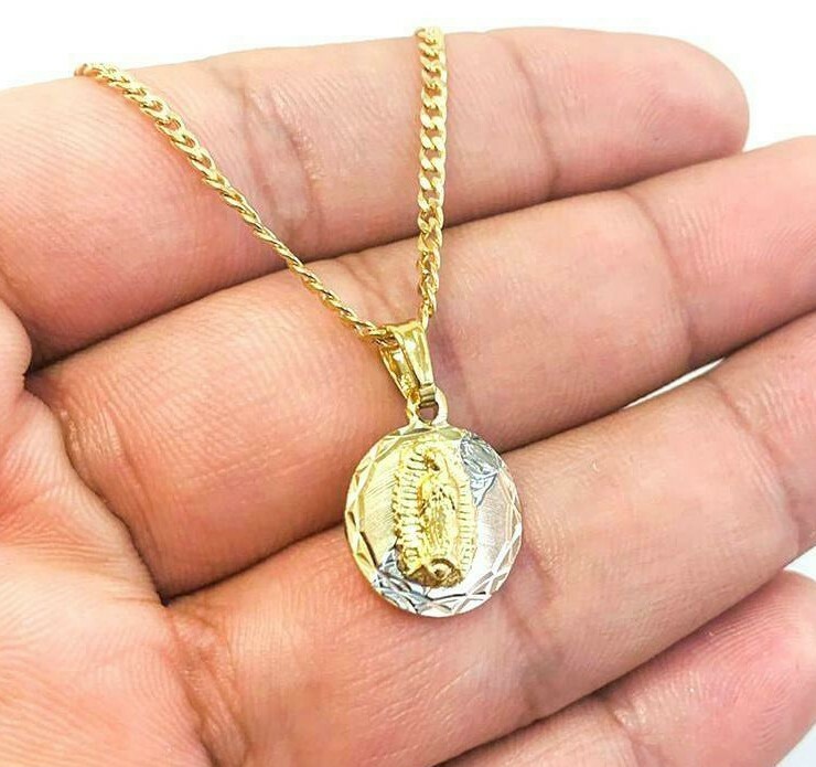 Virgen de Guadalupe Necklace For Womens Tri-Color Cuban 18K Gold Filled 17x14mm.