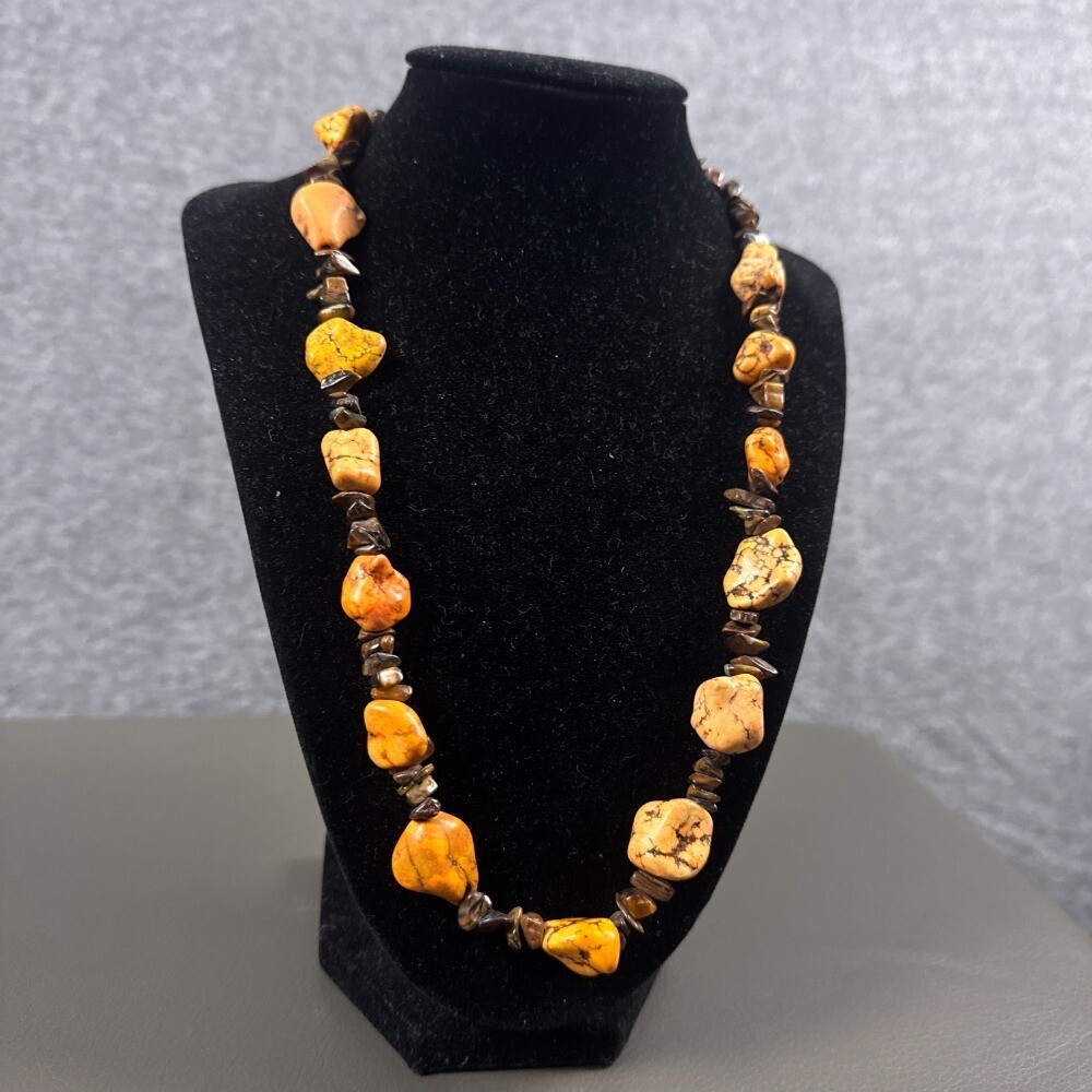 Beaded Necklace Orange Brown Stone Chip Natural Magnetic Clasp Boho Nugget