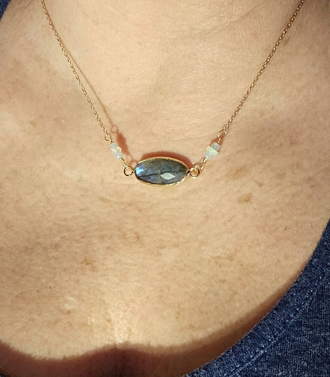 Artisan Blue Flash Labradorite & Opal Necklace 14k Gold-plated 17 to 19 Inches
