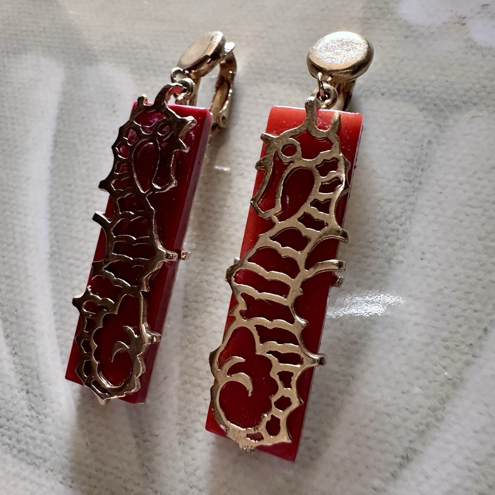 Rare Signed Boucher Seahorse Clip Earrings Red Glass Gold Tone Nautical VTG