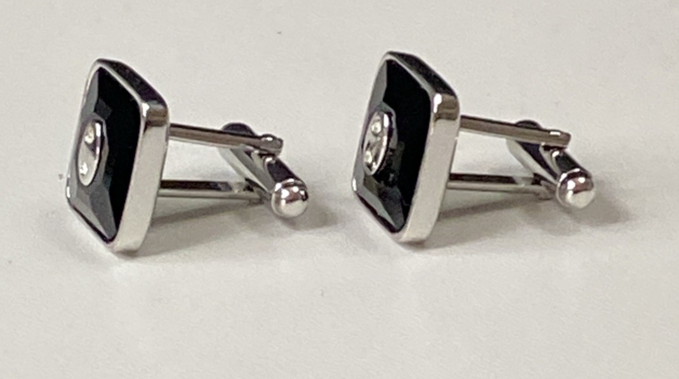Swarovski Cufflinks Swan Signed Black and Silver Tone Square Crystal 1.5cm