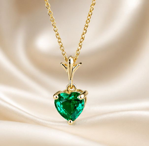 2Ct Heart Cut Simulated Emerald Stunning Pendant Necklace 14K Yellow Gold Plated