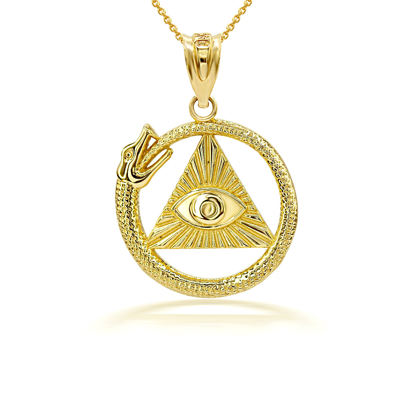 Gold 3D Ouroboros Snake Eye of Providence Pyramid Pendant Necklace
