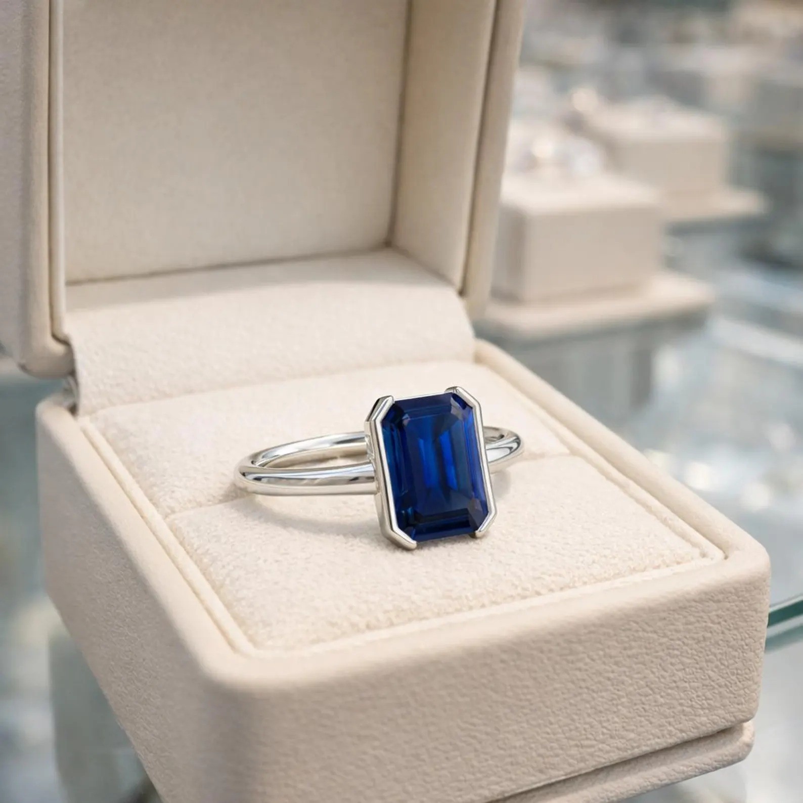 2 Ct Natural Blue Sapphire Ring Emerald Cut Solid 14K White Gold Fine Jewelry