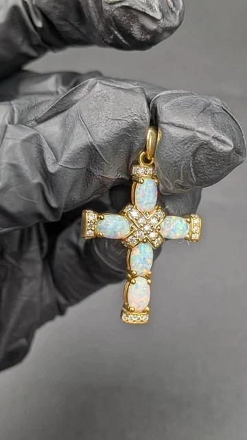 Women’s 2.00Ct Oval Cut Natural Fire Opal Cross Pendant 14K Yellow Gold Plated