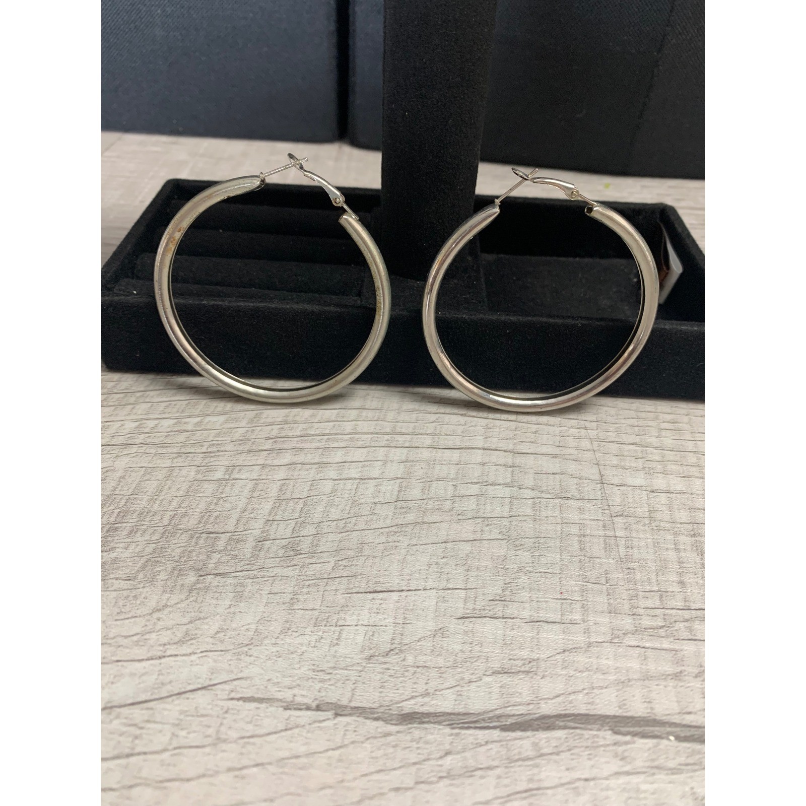 Large Silver Tone Hoop Earrings 2 Inch Round Tubular Latch Back Classic Jewelry