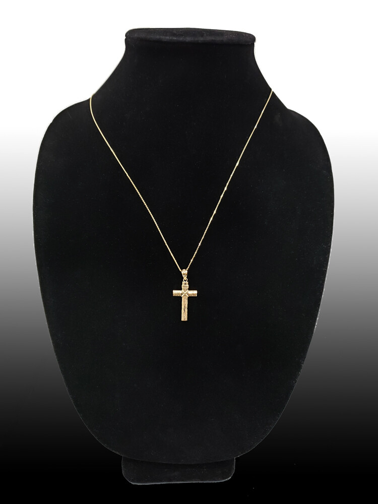 Yellow Gold Woodgrain Cross Pendant Necklace